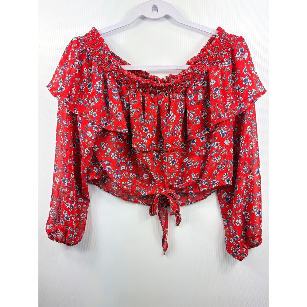 Timing Floral Off Shoulder Crop Top Large Red Smocked Flounce Tie Boho Cottage